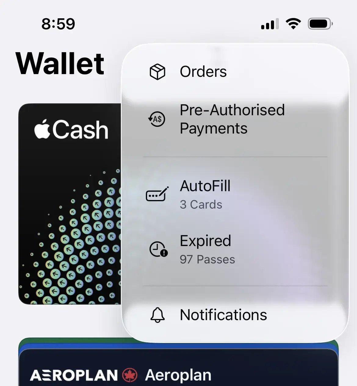The Apple Wallet more menu showing the Expired passes option