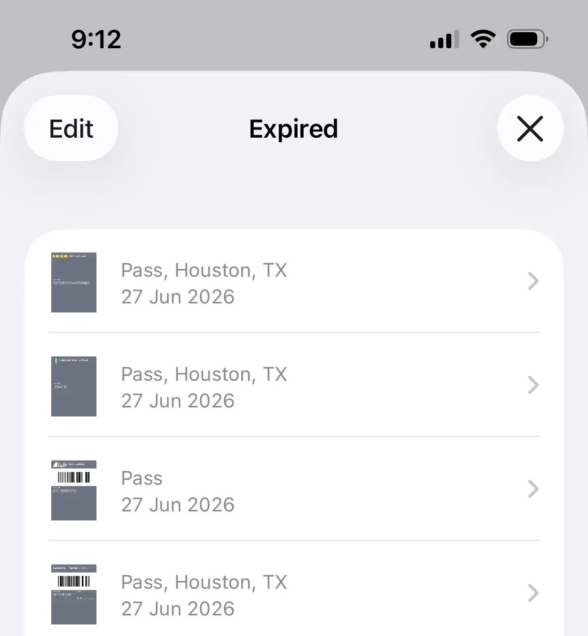 The list of expired passes in Apple Wallet