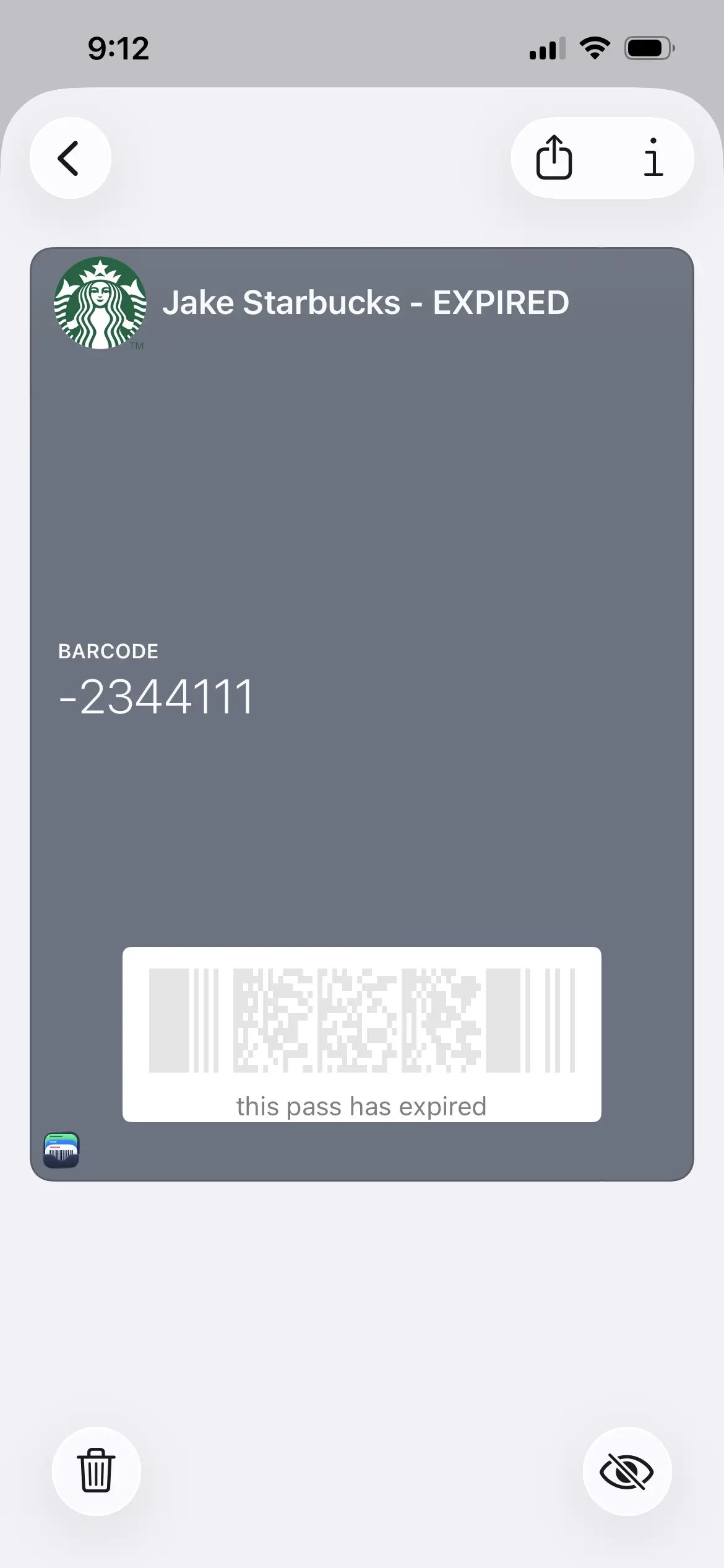 An expired pass open with the trash icon in the bottom corner