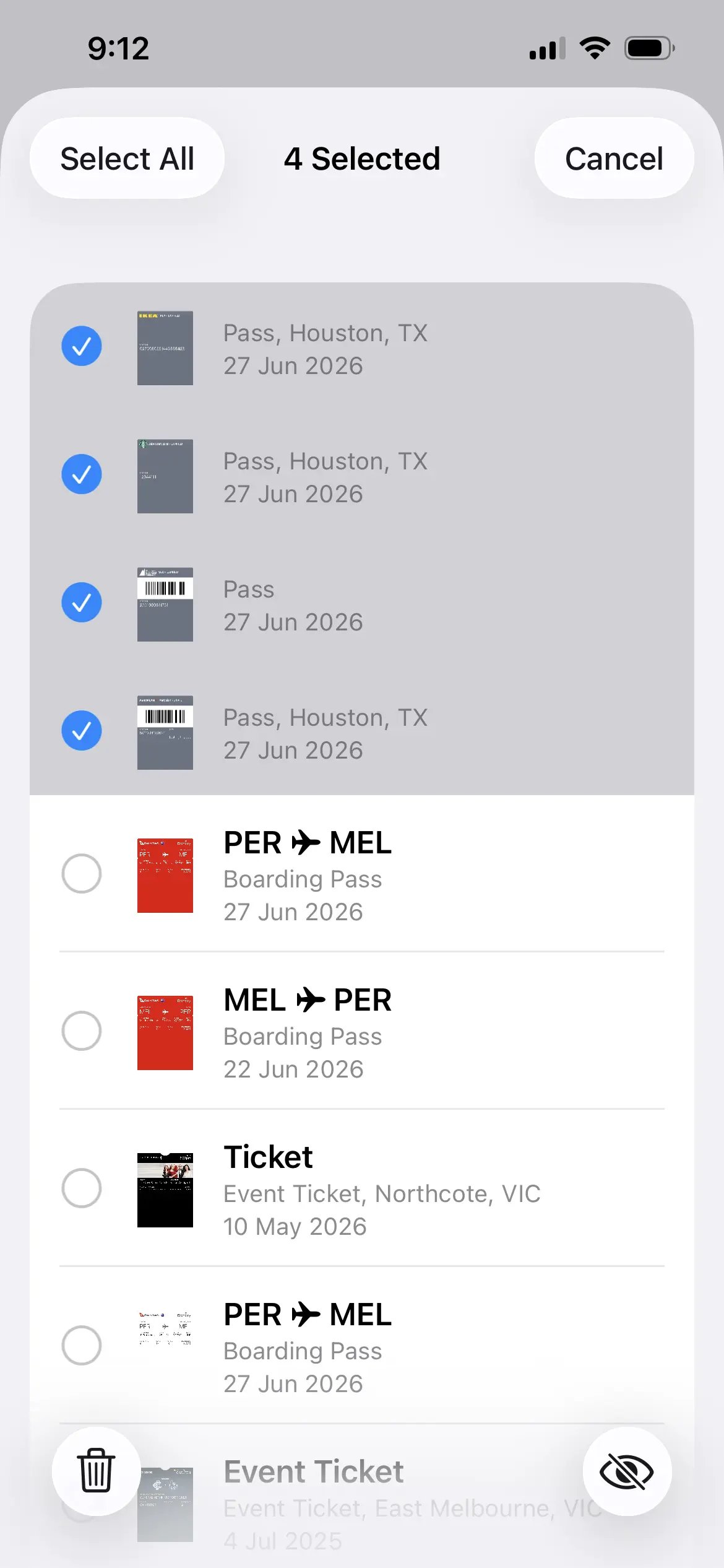 Selecting multiple expired passes in Apple Wallet's edit mode