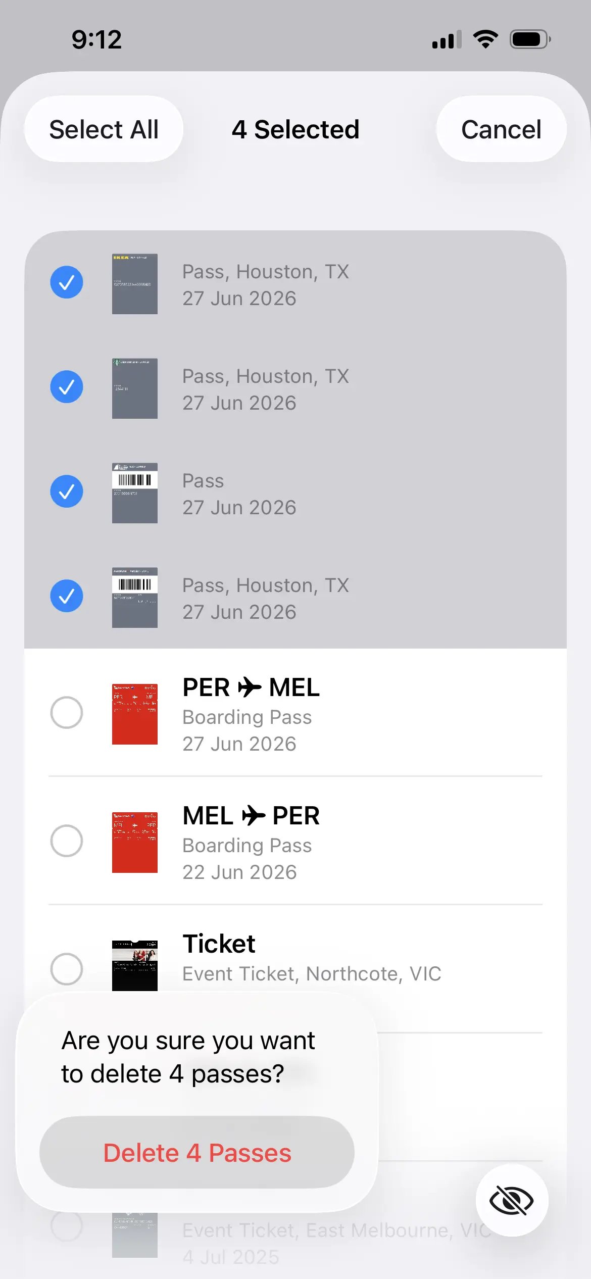 Confirming deletion of several expired passes at once