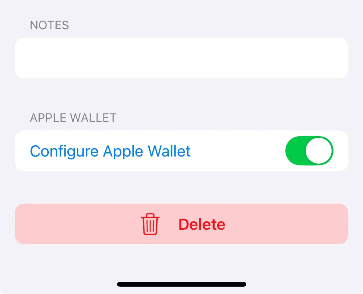 Card edit screen with Apple Wallet sync toggle