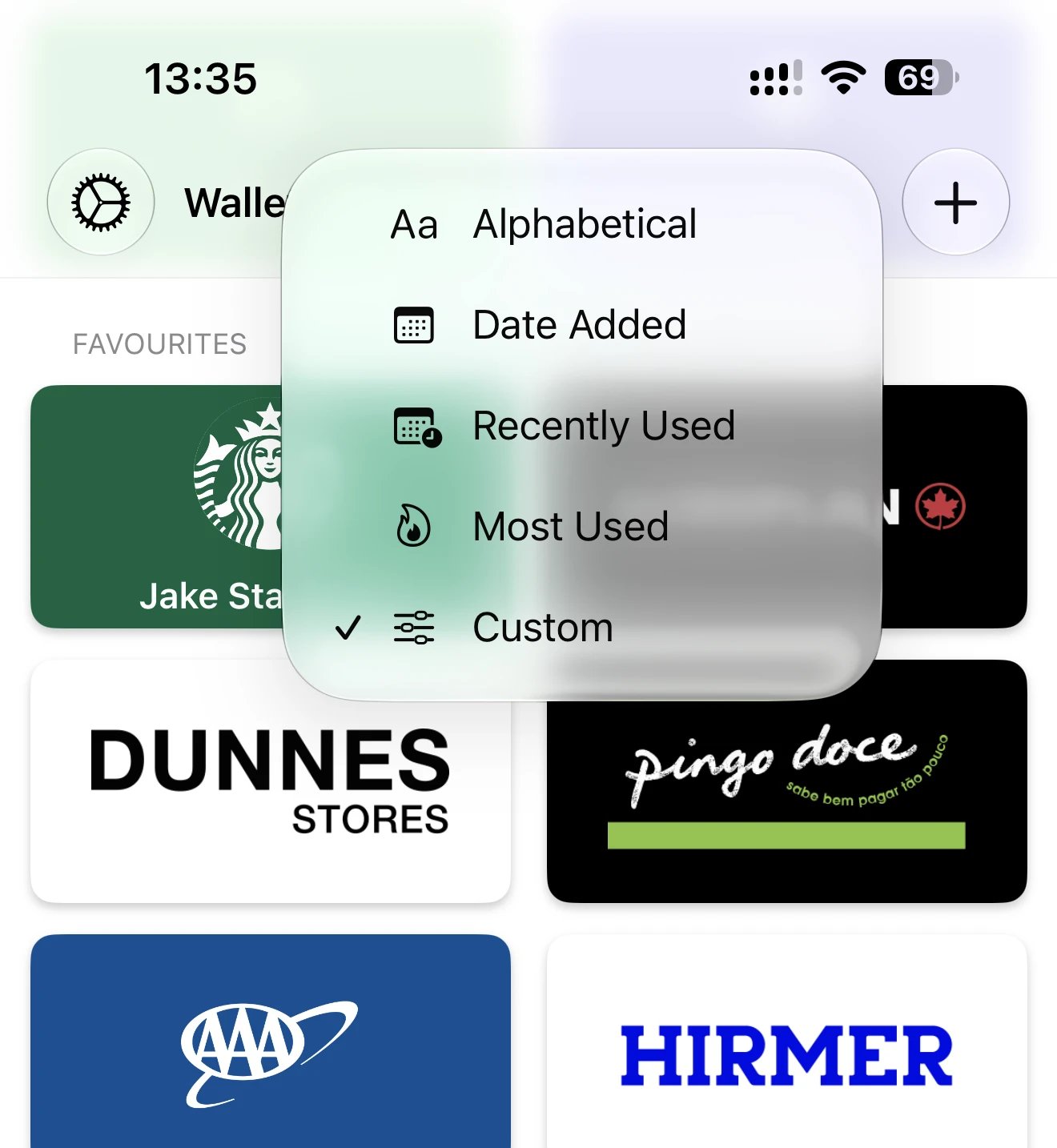 Sort dropdown menu with Custom selected