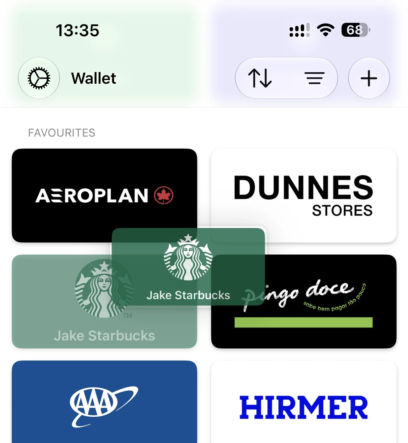 Dragging a card to reorder in Custom mode