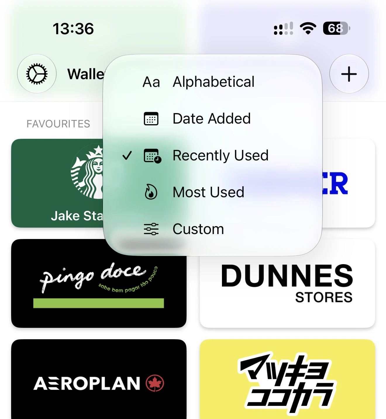 Sort dropdown menu with Recently Used selected