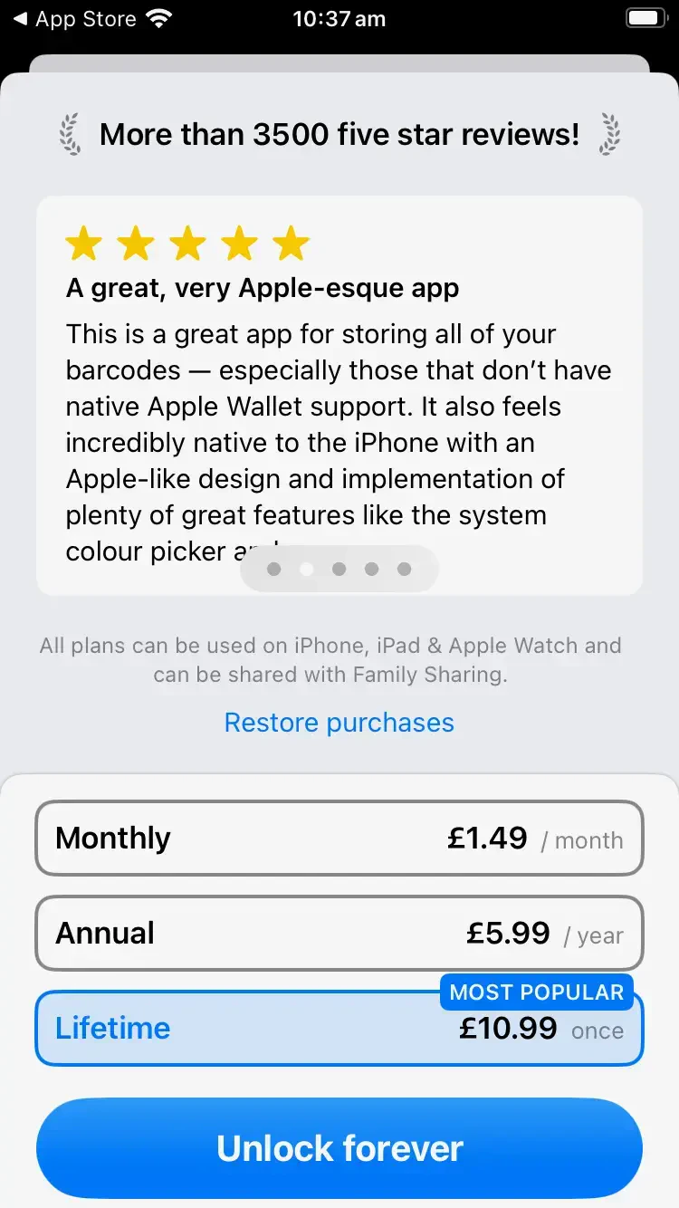 Restore Purchases button visible after scrolling