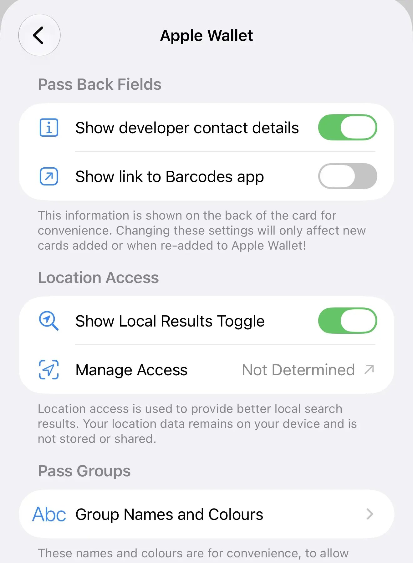 Apple Wallet settings with app link toggle disabled