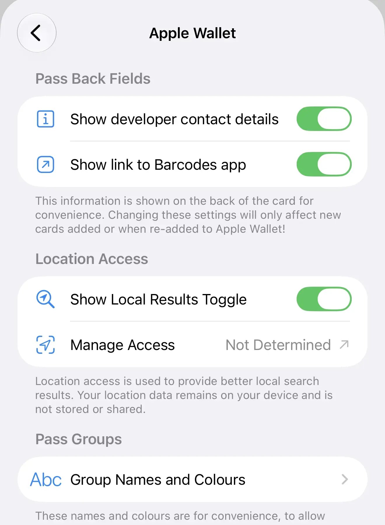 Apple Wallet settings with app link toggle enabled