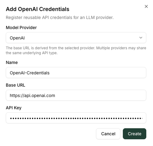 Add Credentials dialog with the Model Provider searchable picker at the top