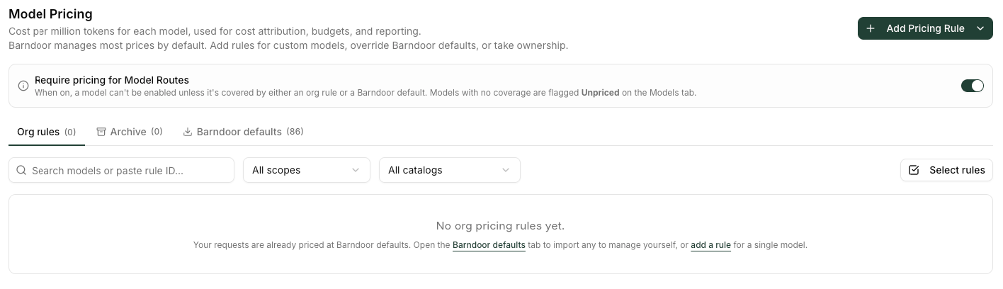 Model Pricing tab listing showing the badge set, Review updates banner, and history controls