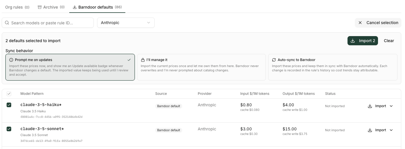 Import Defaults modal with the Sync behavior picker and provider sections expanded