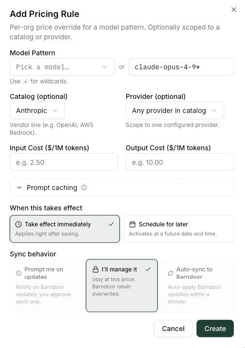 Add Pricing Rule dialog with model pattern, costs, scheduling controls, and sync behavior