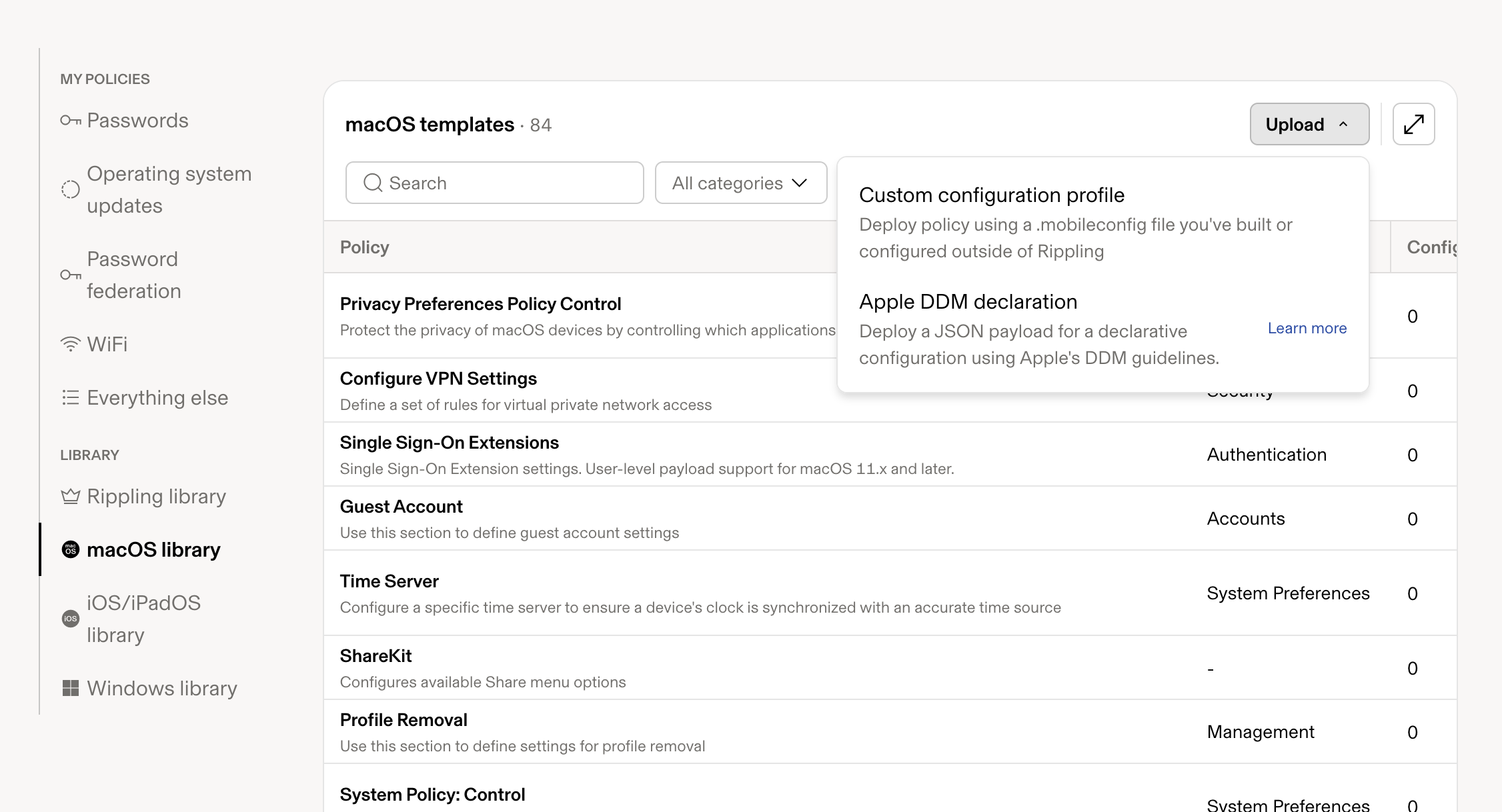 Rippling Devices → Policies, macOS library selected in the left rail, with the Upload menu open showing Custom configuration profile (deploy a .mobileconfig file) and Apple DDM declaration