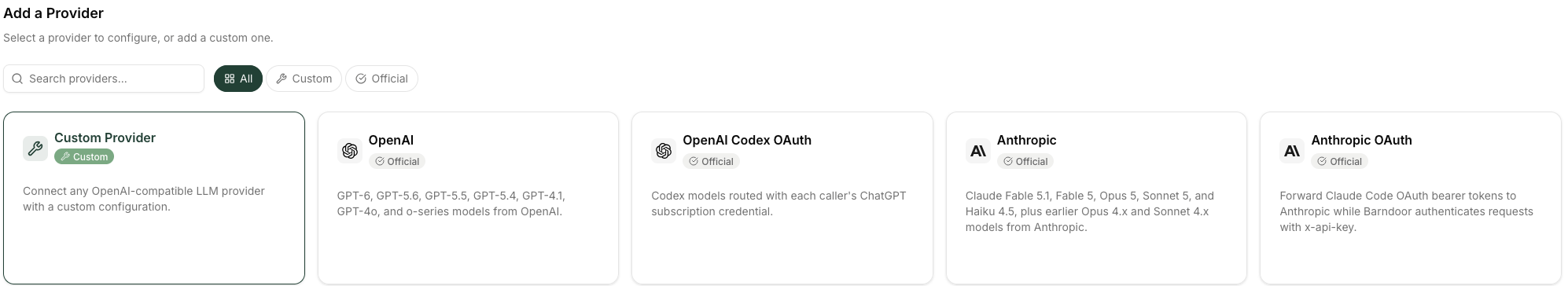 The Add a Provider card picker, with the Anthropic OAuth card at the right: Forward Claude Code OAuth bearer tokens to Anthropic while Barndoor authenticates requests with x-api-key