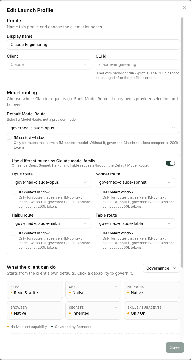 The launch profile editor: display name, client, CLI id, a Default Model Route, per-Claude-family routes with 1M context window checkboxes, and the capability tiles under What the client can do