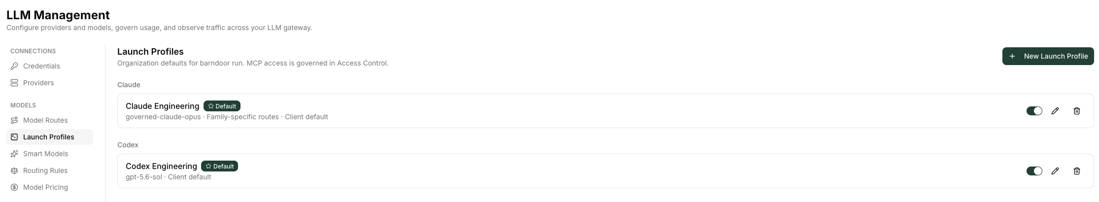 The Launch Profiles section of LLM Management, listing one profile per client with a Default badge on the organization default