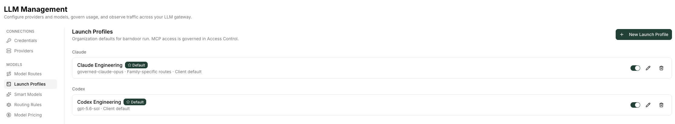 The Launch Profiles section of LLM Management, listing one profile per client with a Default badge on the organization default