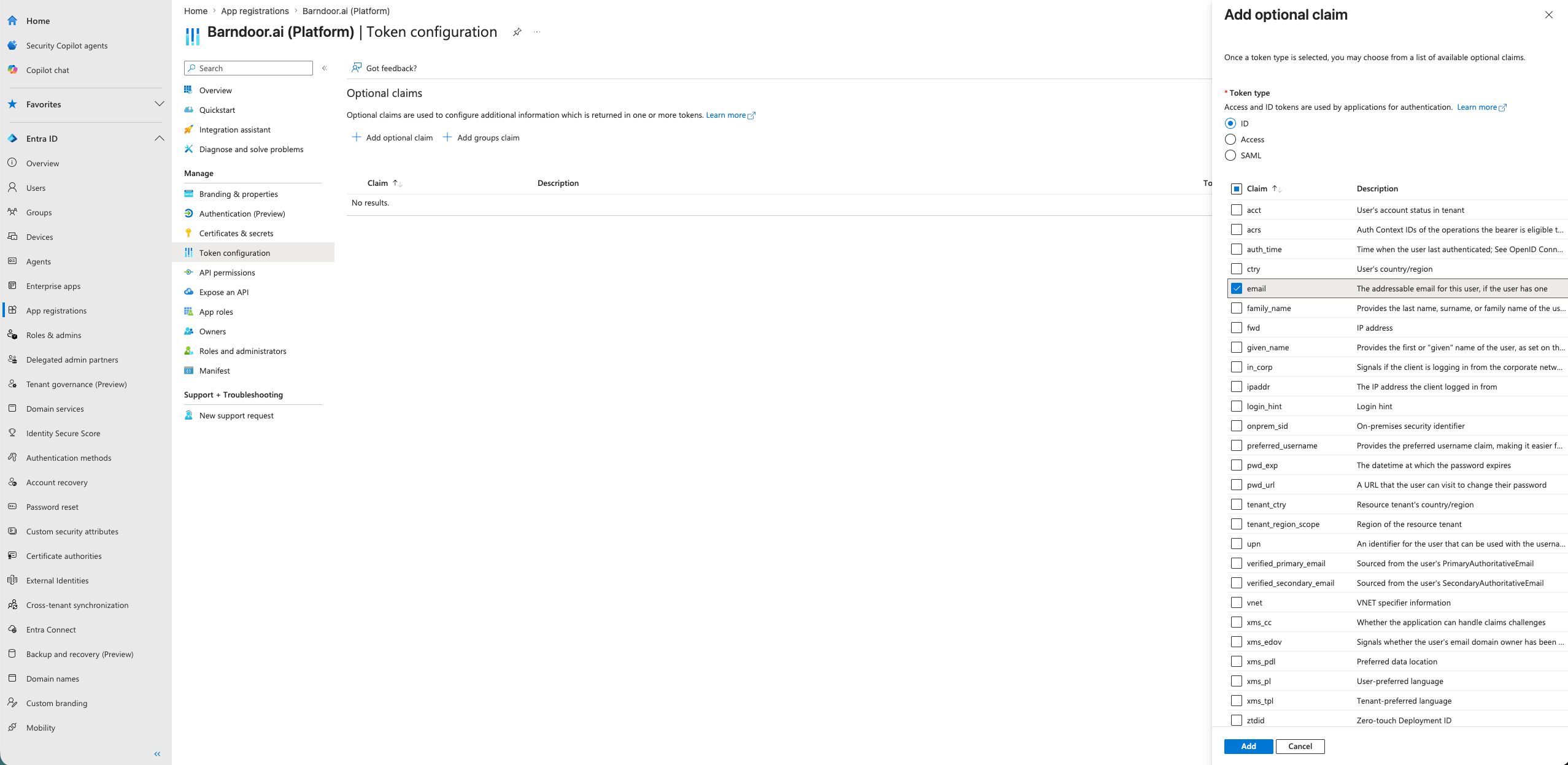 Add optional claim panel with ID token type selected and the email claim highlighted