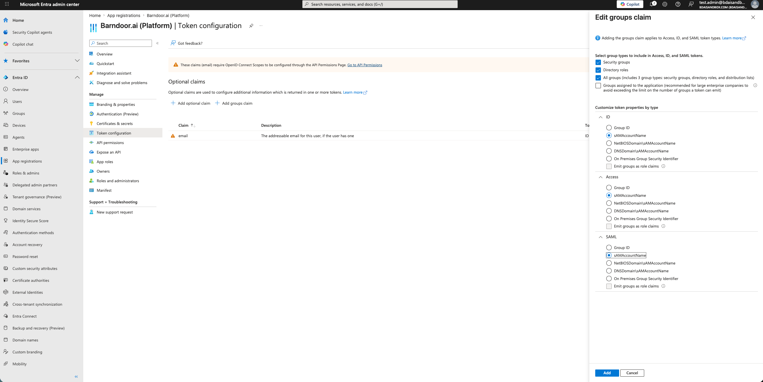 Edit groups claim panel showing sAMAccountName selected under ID, Access, and SAML