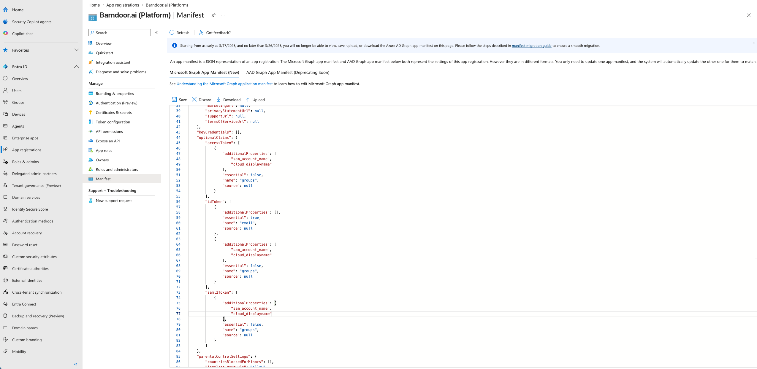 Entra app manifest JSON open with optionalClaims block visible