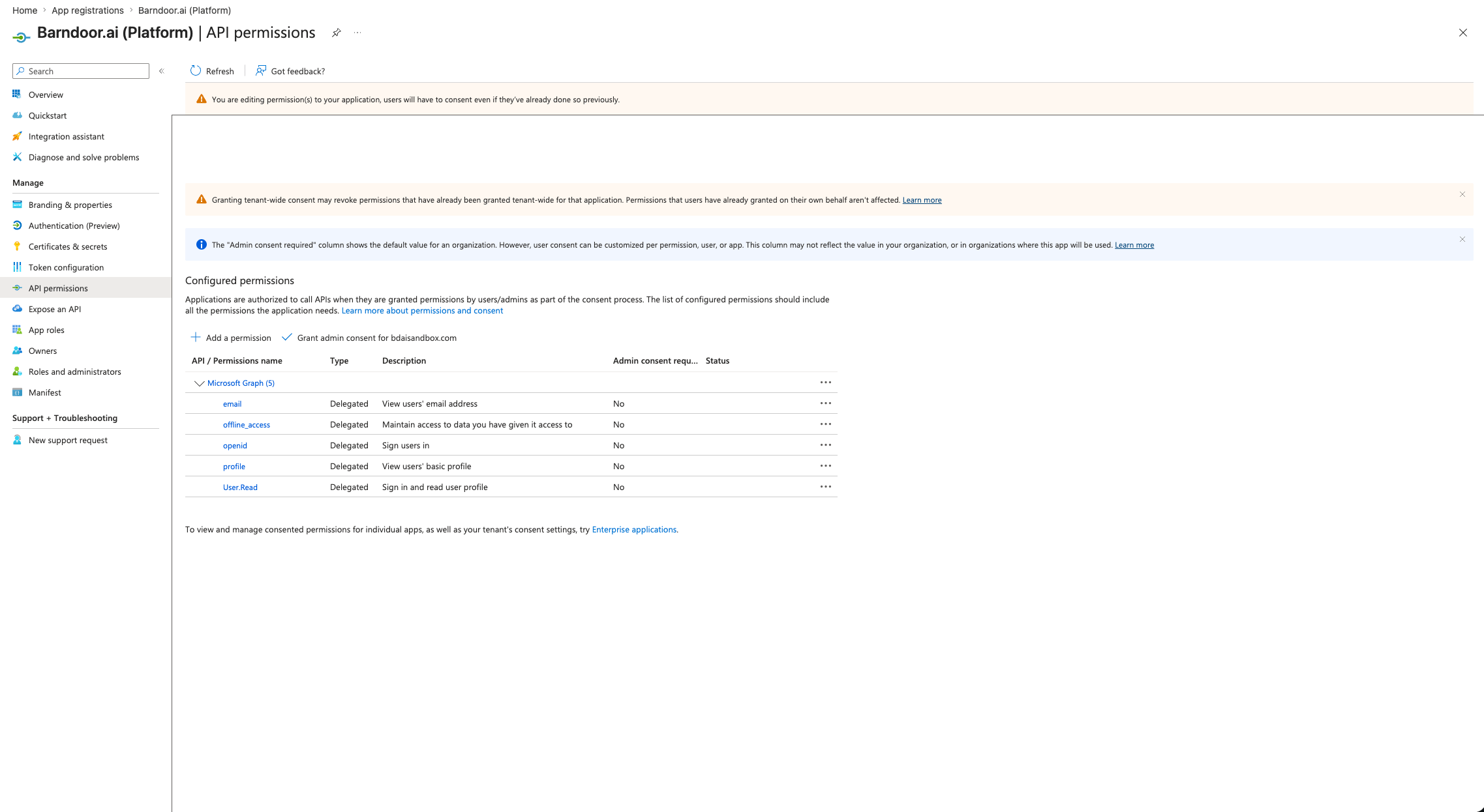 Entra API permissions screen showing email, offline_access, openid, profile granted for Microsoft Graph