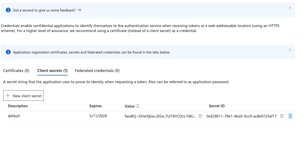 Entra Certificates and secrets page showing newly created client secret with Value column highlighted