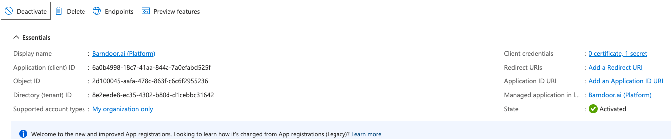 Entra app Overview page with Application (client) ID and Directory (tenant) ID visible in the Essentials panel