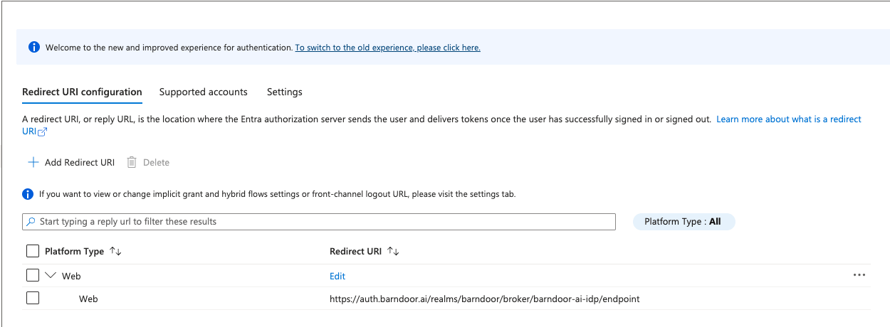 Entra Authentication page with a Web platform configured and Barndoor Redirect URI added