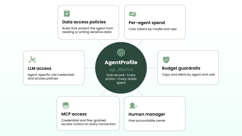 AgentProfile: one record covering data access policies, per-agent spend, LLM access, budget guardrails, MCP access, and human manager