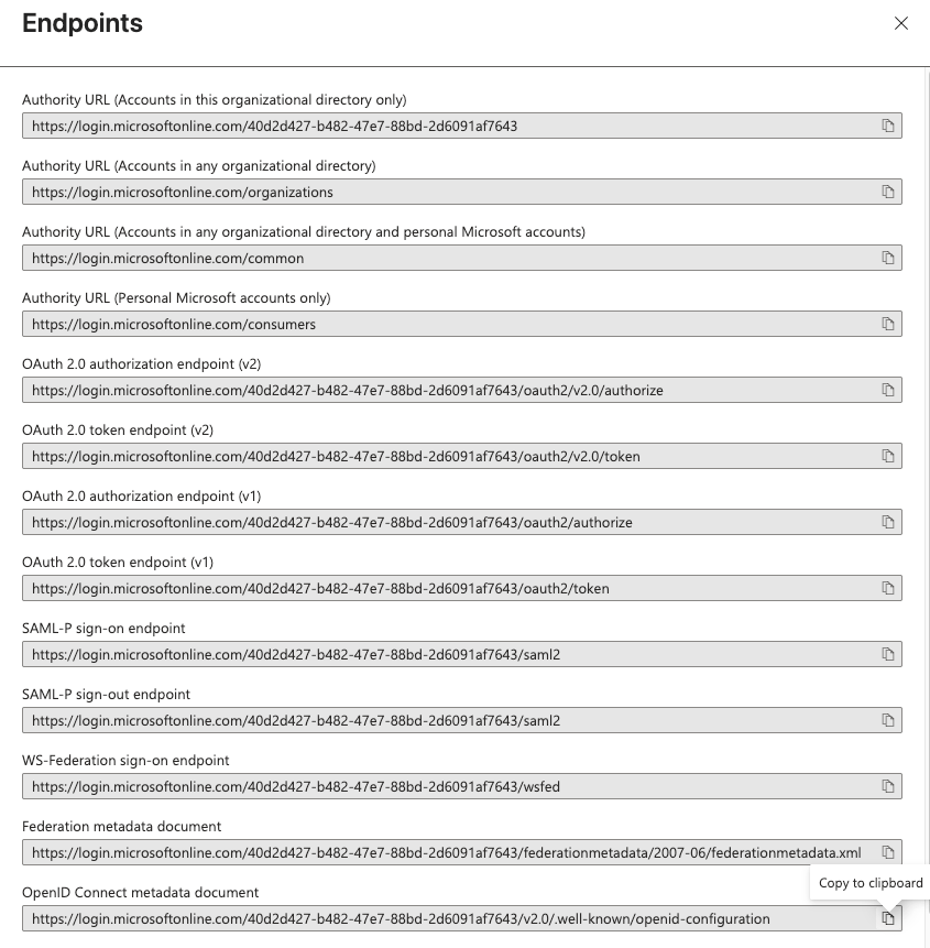Entra Endpoints side panel listing OAuth, OpenID, SAML, and Federation metadata URLs