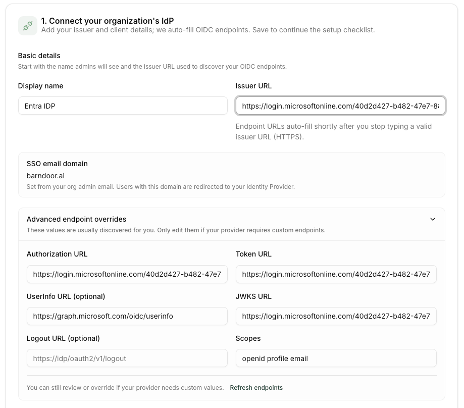 Barndoor IdP setup form with Issuer URL set and other endpoint fields auto-filled
