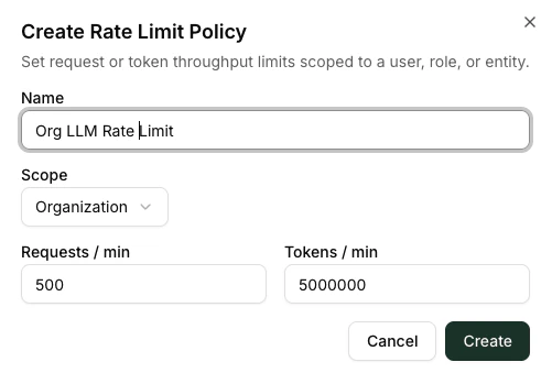 Create Rate Limit dialog with name, scope, and both requests-per-minute and tokens-per-minute set