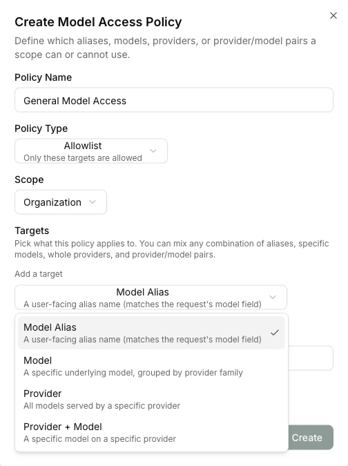 Create Model Access dialog showing the target builder with multiple target kinds