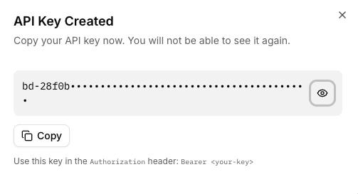 Create API Key dialog in the Barndoor portal