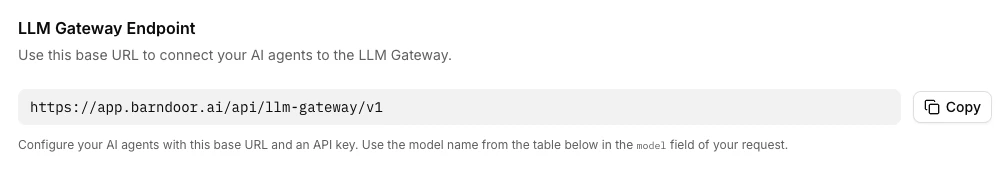 LLM Gateway Endpoint card on the Settings → My Models page
