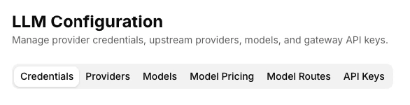 Top of the LLM Configuration page showing the Credentials, Providers, Models, Model Pricing, Model Routes, and API Keys tabs