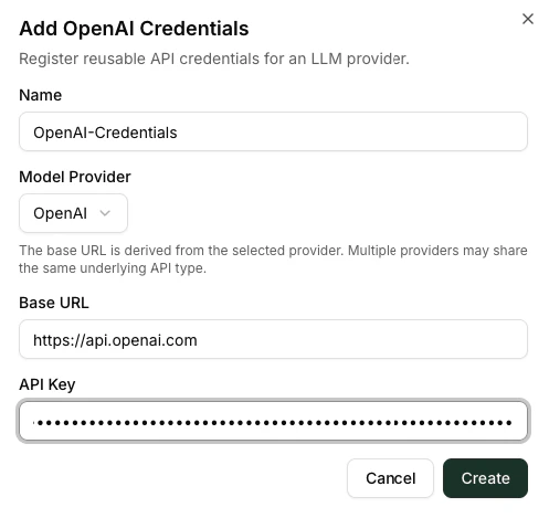 Add Credential dialog with the provider-catalog picker