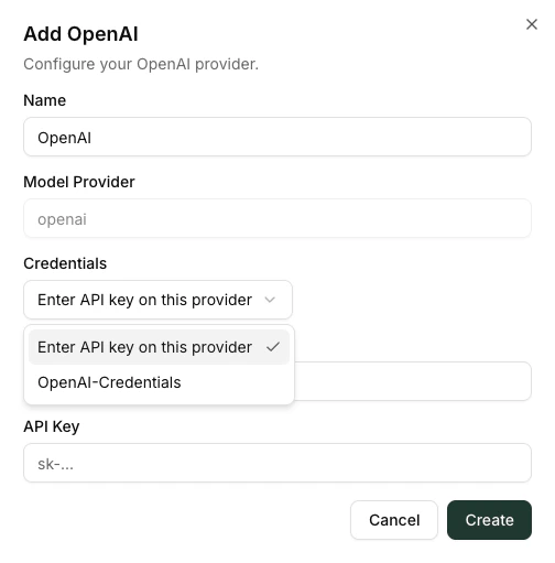Add Provider dialog with catalog entry and credential picker