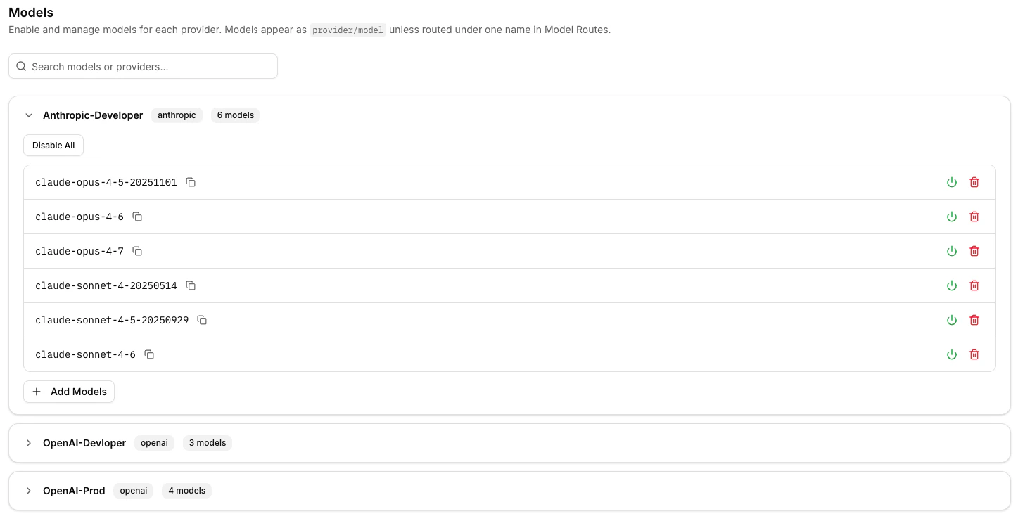 Models tab of LLM Configuration with upstream models toggled on