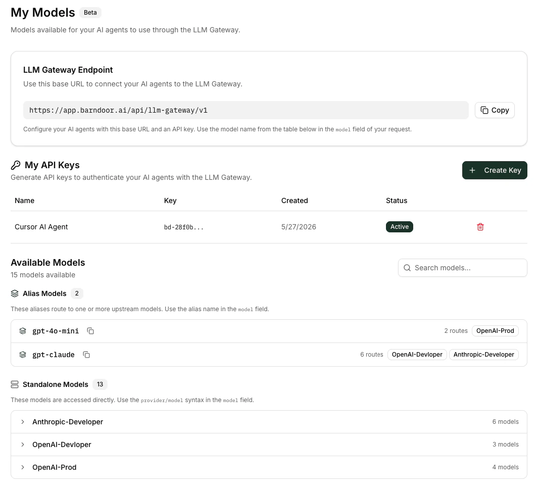 Settings → My Models page showing the endpoint card, API keys table, and available models