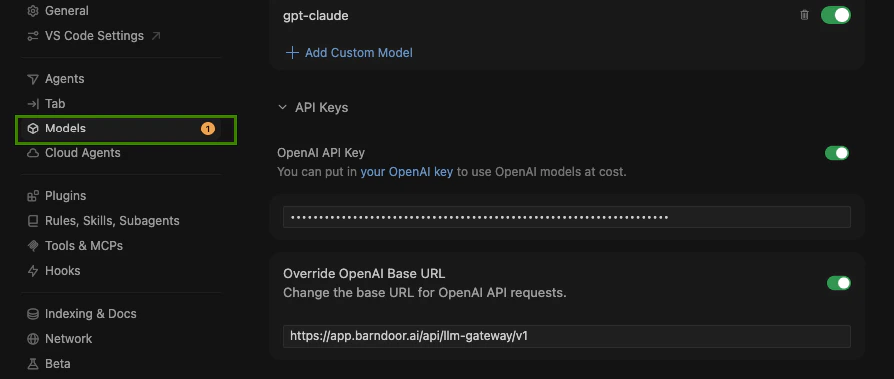 Cursor Settings → Models with the Barndoor LLM Gateway configured as a custom OpenAI base URL