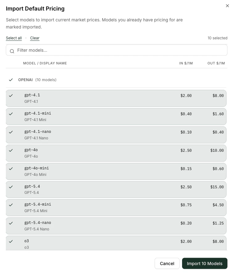Import Defaults modal with provider sections expanded and rows selected