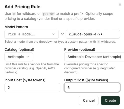 Add Pricing Rule dialog with model pattern, catalog, provider, and input / output costs filled in
