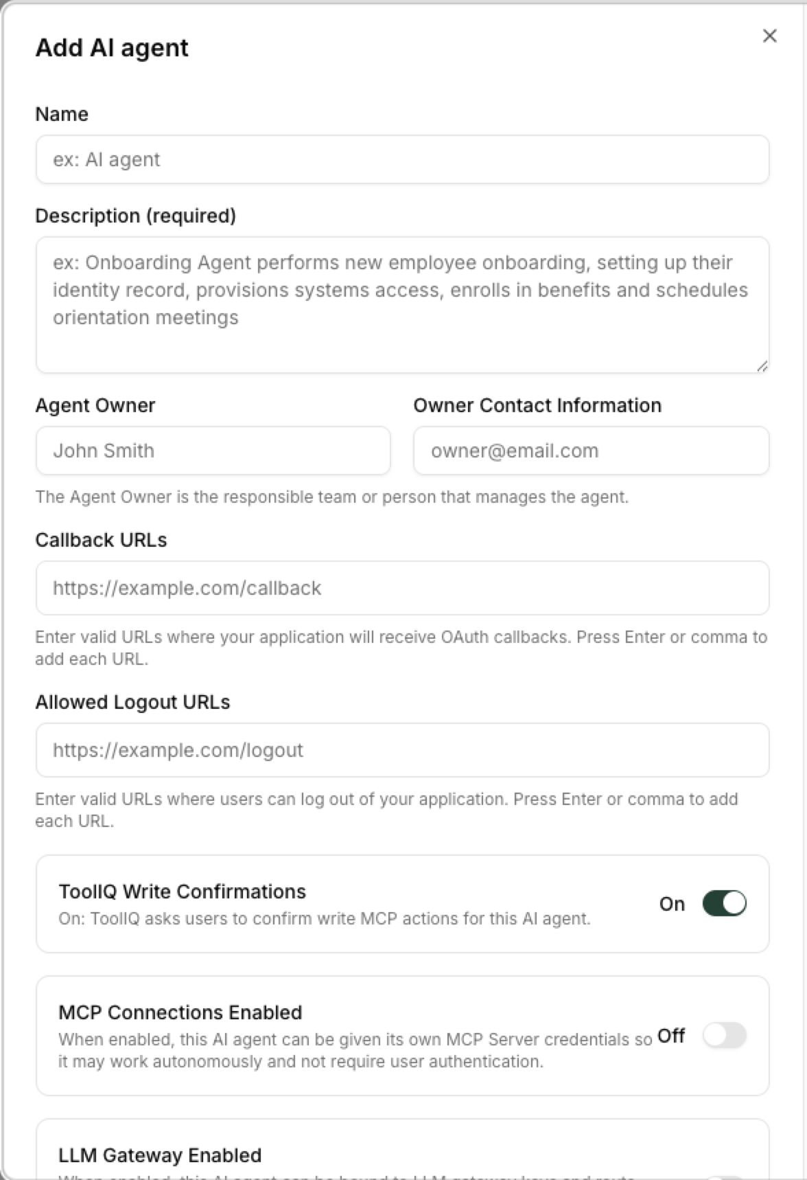 Add AI agent modal with fields for name, description, application type, and allowed logout URLs