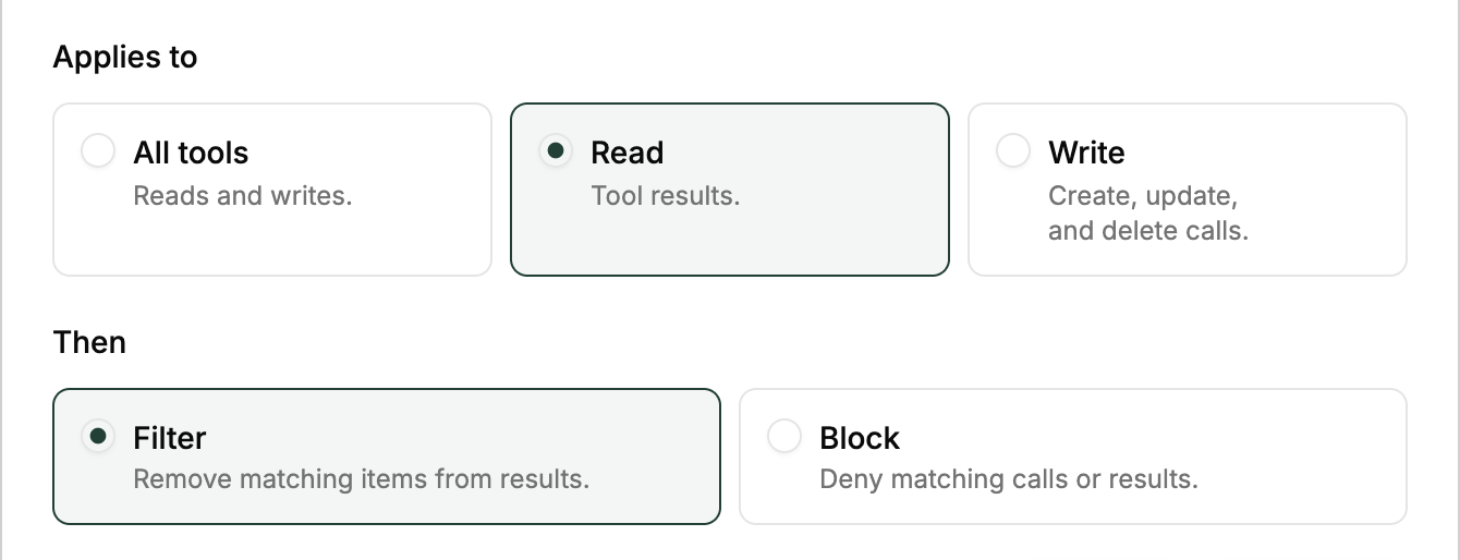 Applies to options All tools, Read, and Write, and Then options Filter and Block, with Read and Filter selected