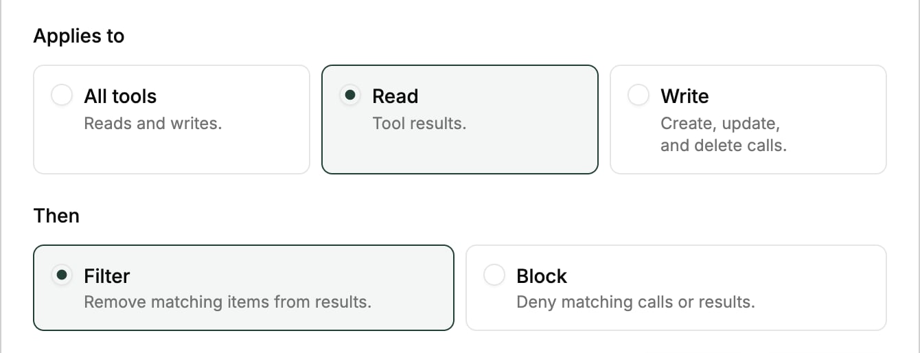 Applies to options All tools, Read, and Write, and Then options Filter and Block, with Read and Filter selected