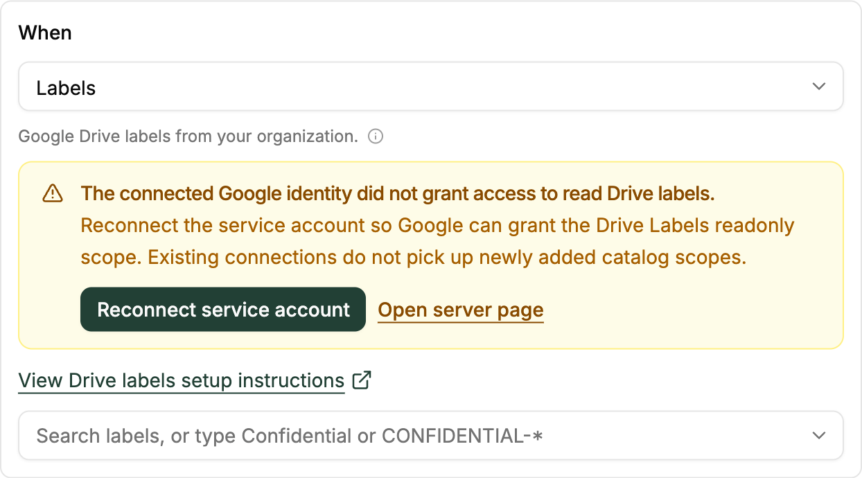 When section reporting that the connected Google identity did not grant access to read Drive labels, with a Reconnect service account button