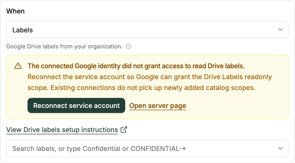 When section reporting that the connected Google identity did not grant access to read Drive labels, with a Reconnect service account button