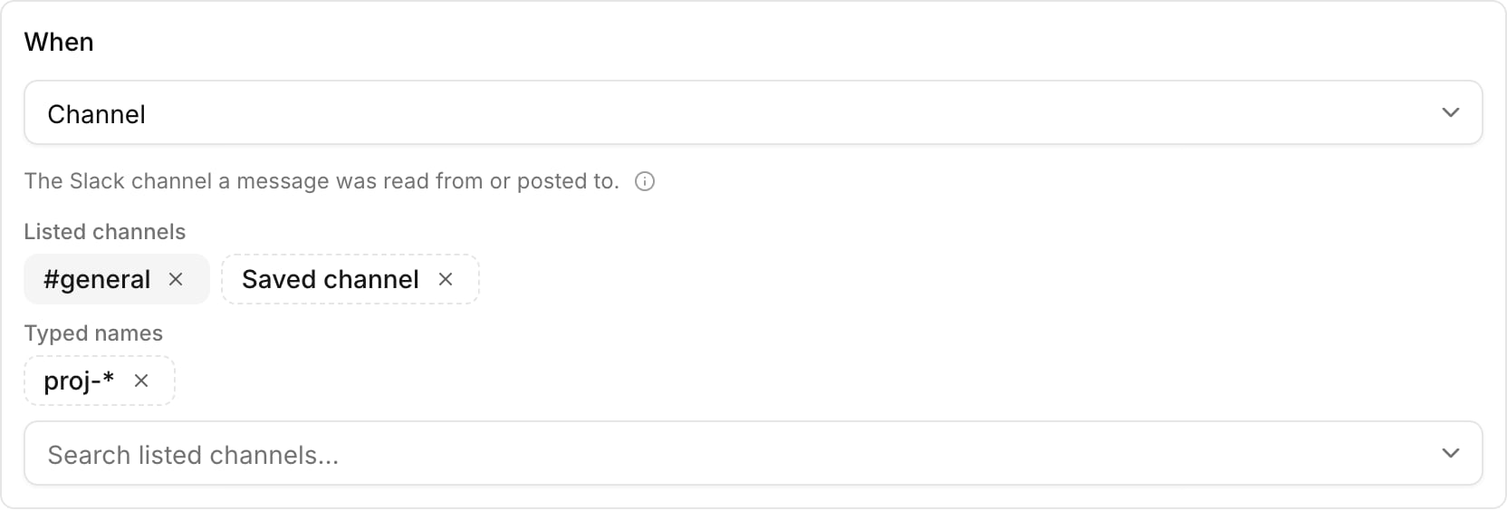 When section with the listed channels #general and a saved channel, plus the typed name proj-*