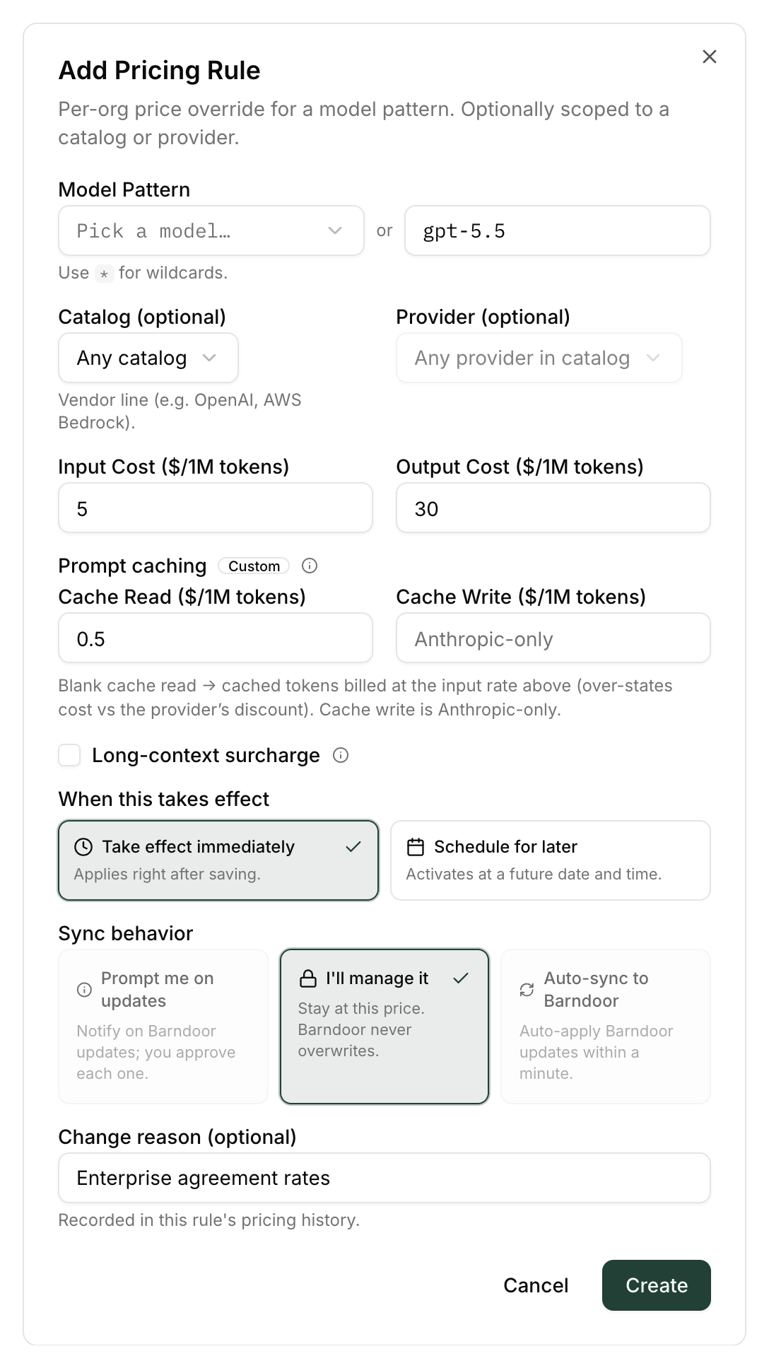 Add Pricing Rule dialog with model pattern, catalog, provider, prices, scheduling, and sync behavior